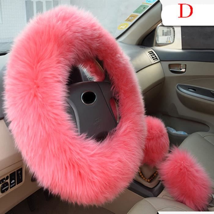 Noir XuanMax Hiver Fourrure Peluche Housse de Volant Trois-pieces avec Housse de Volant a Manches Frein a Main Respirant Velu Duveteuse Vehicule Couvre Volant de Voiture Couverture Anti Slip 38cm
