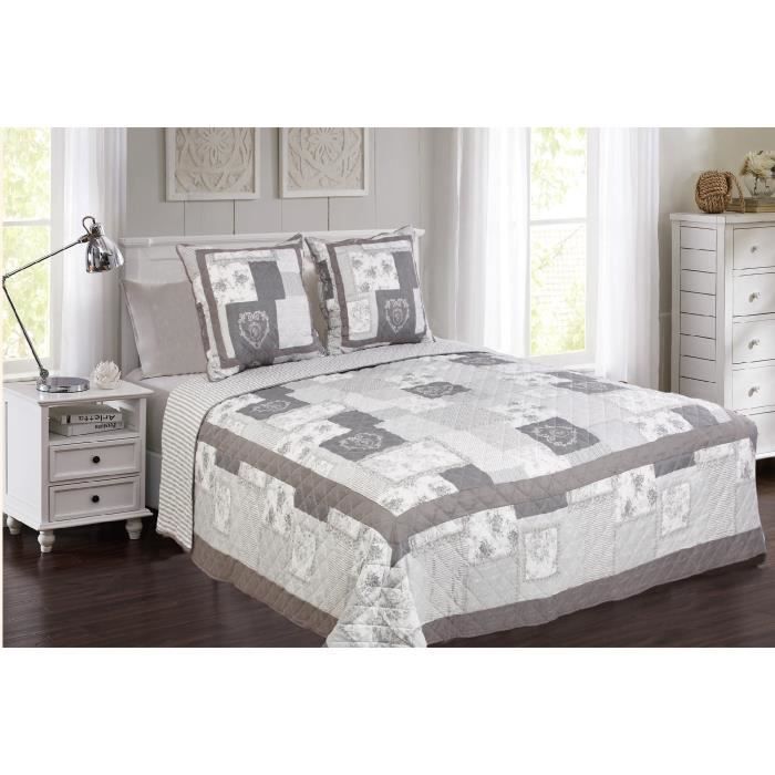 Couvre-lit Boutis Luxe Percale Coton 230x250cm – Gris, Avec 2 Taies 65x65cm, Matelassé Lourd