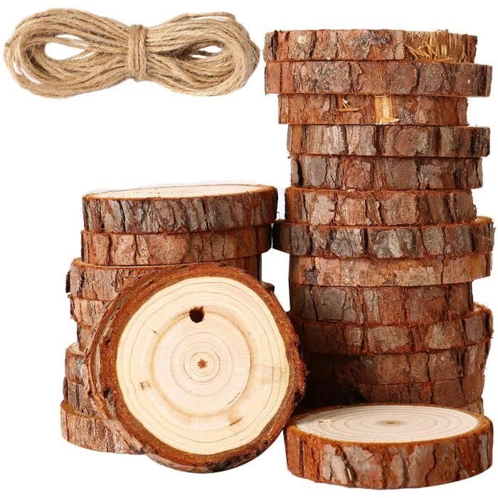 BetterJonny Lot de 50 rondelles de bois 5-6 cm 10 mètres de corde de jute pour loisirs créatifs Cercles en bois naturel pré-percés avec trou 