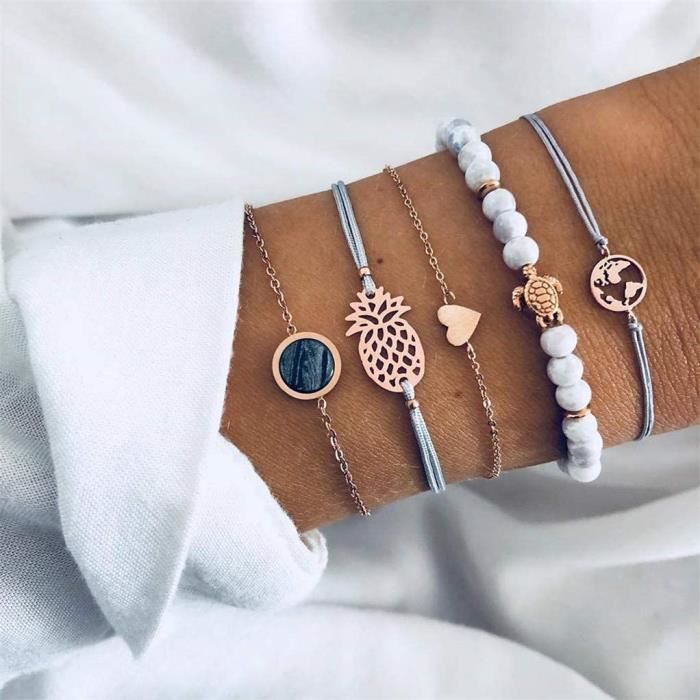 Bracelet pour Femme 5 pcs chaîne géométrique Manchette Ouverte Carte du Monde Tortue perlée et Bracelet Turquoise Ensemble Bohê[64]
