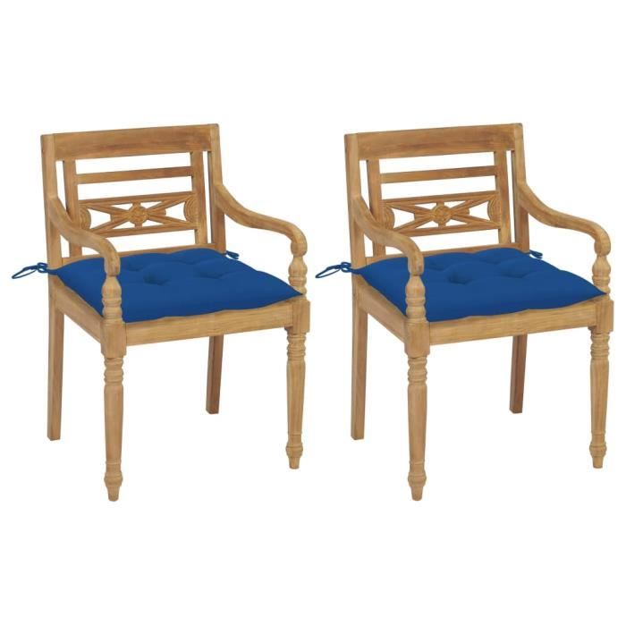 chaises batavia 2pcs et coussins bleu clair bois de teck massif - wanzhsoubuy® - campagne - avec accoudoirs
