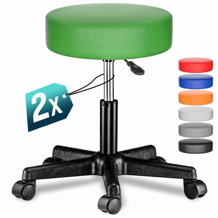 CASARIA® Lot de 2 tabourets de bureau vert pivotant 360° hauteur réglable 46-60 cm avec roulettes rembourrage 10 cm