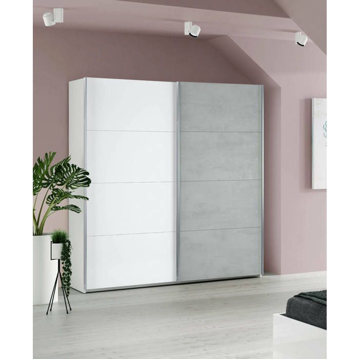 Armoire DMORA Deux portes coulissantes Blanc artik Porte de couleur béton Cdiscount Maison
