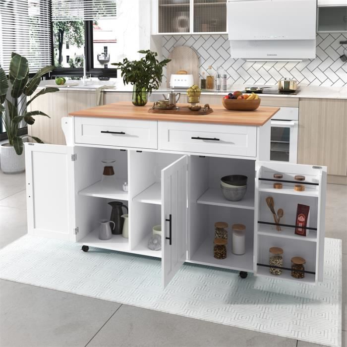 Buffet De Cuisine Roulant Avec Plateau Pliable - 3 Portes, 2 Tiroirs - Blanc
