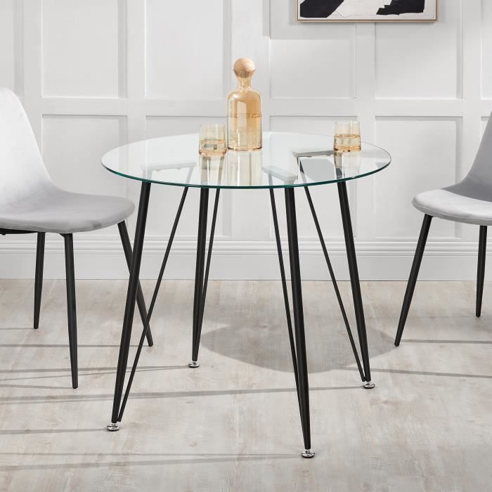 YAJ-Table à manger en verre trempé et fer, simple à assembler, noir-YOS7290578593407