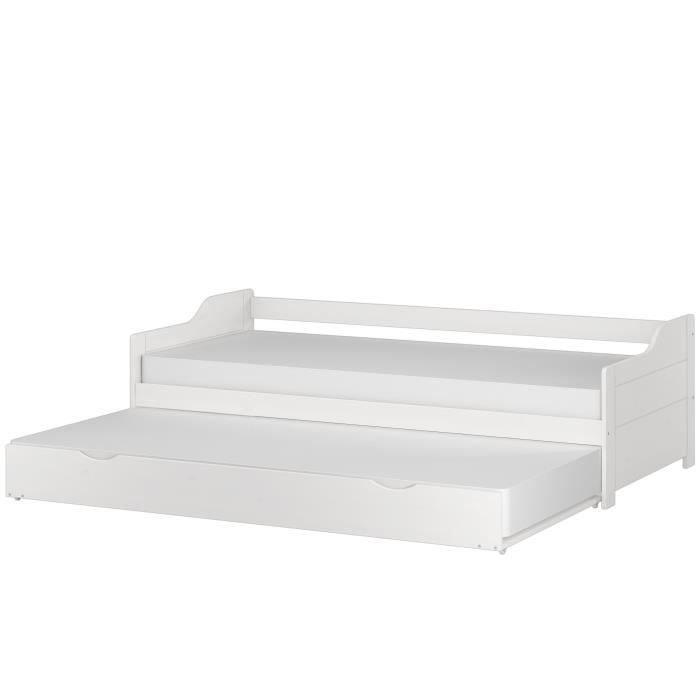 Lit banquette gigogne pin massif blanc 90x200 y compris tiroir 2 sommiers et 2 matelas 60.34-09WM Lit banquette gigogne pin massif blanc 90x200 y compris tiroir 2 sommiers et 2 matelas 60.34-09WM