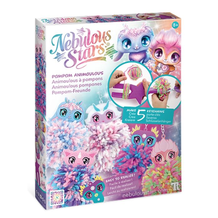 Nebulous Stars Kit Porte Clé a Fabriquer Animoulous à Pompons - 5 Portes Clés Loisir Creatif Enfant +8 ans - 5 Couleurs de Laine Acrylique, Outil de Fabrication de Pompons Inclus