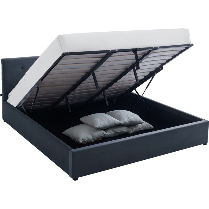 Lit coffre adulte 180x200 cm avec tête de lit matelassée en velours gris foncé et sommier - Tina