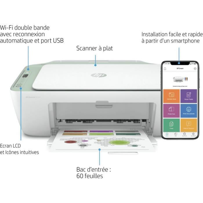 Imprimante HP Deskjet 2722 Jet d'Encre Multifonction Verte - Impression 20  ppm - Wifi Direct - 2 cartouches - Cdiscount Informatique