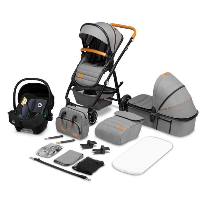 LIONELO Pack trio Poussette 3en1 bébé Amber avec cosi nacelle sac et accessoires - Gris