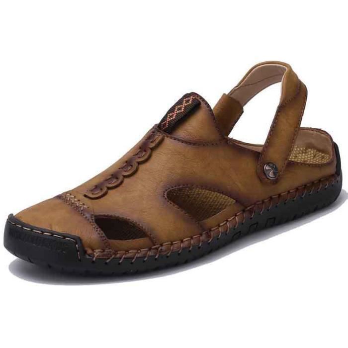 Sandales de Exterieurs Sports en Cuir pour Hommes Boucle Ete Chaussures deau Plage Closed-Toe Noir Marron Jaune 38-46