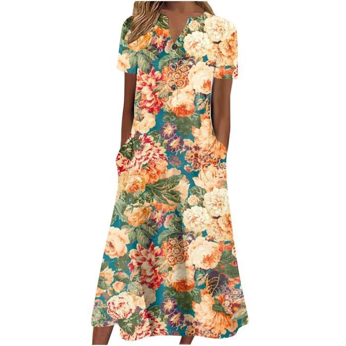 Vintage col en V Floral Art Print élégant et chic robe midi lâche main image 1