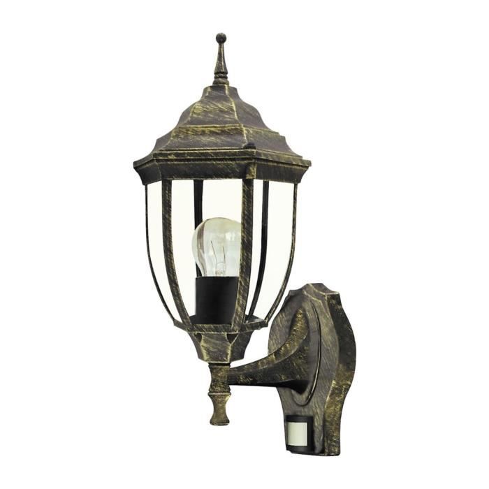 Lampe murale Rabalux Nizza en or antique avec détecteur de mouvement et de crépuscule. E27 60 W IP43.