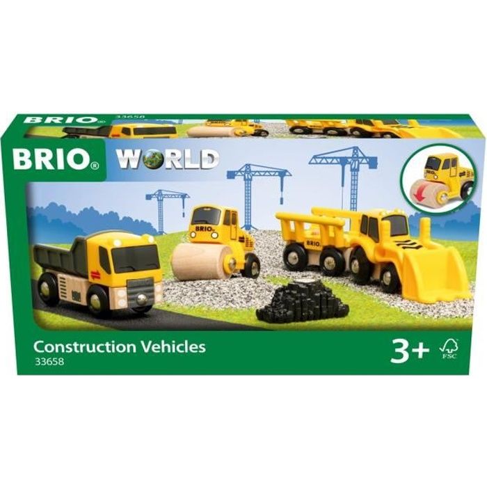 Brio World Coffret de 3 engins de chantier - Accessoire pour circuit de train en bois - Ravensburger - Mixte dès 3 ans - 33658