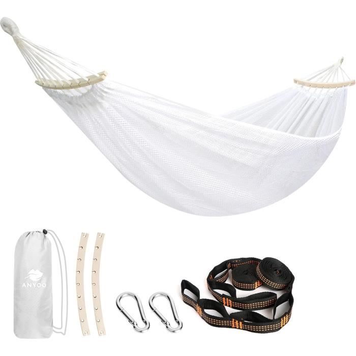 Hamac Avec Barre D'Écartement 200x140 Cm – Rayures Rouges – 1 Personne – 150 Kg – Crochets, Corde Et Sac Inclus