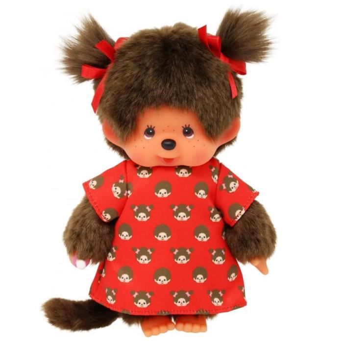 poupée monchhichi fille en robe avec tresses rouges - sekiguchi - 20 cm