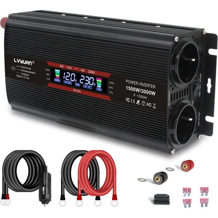 Convertisseur 12v 220v 3000w Convertisseur 12V/24V Vers 230V Yinleader 1500W /3000W - 2 Prises EU + USB + Allume-cigare, Onde Modifiée Convertisseur 12v 220v 3000w Pur Sinus