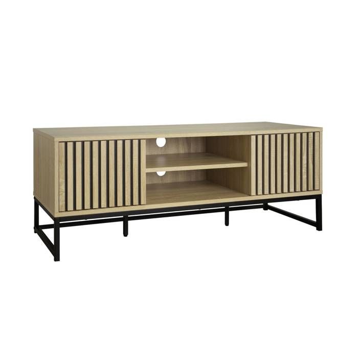 sweeek - Meuble TV décor bois rainuré et métal 2 portes 120cm LISBONNE sweeek - Meuble TV décor bois rainuré et métal 2 portes 120cm LISBONNE