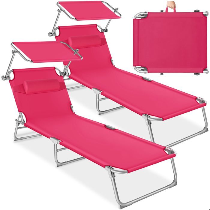 Bains de soleil - TECTAKE - Lot de 2 chaises longues CHLOÉ pliable 4 positions avec pare-soleil 190 x 68 x 111 cm - Rose vif
