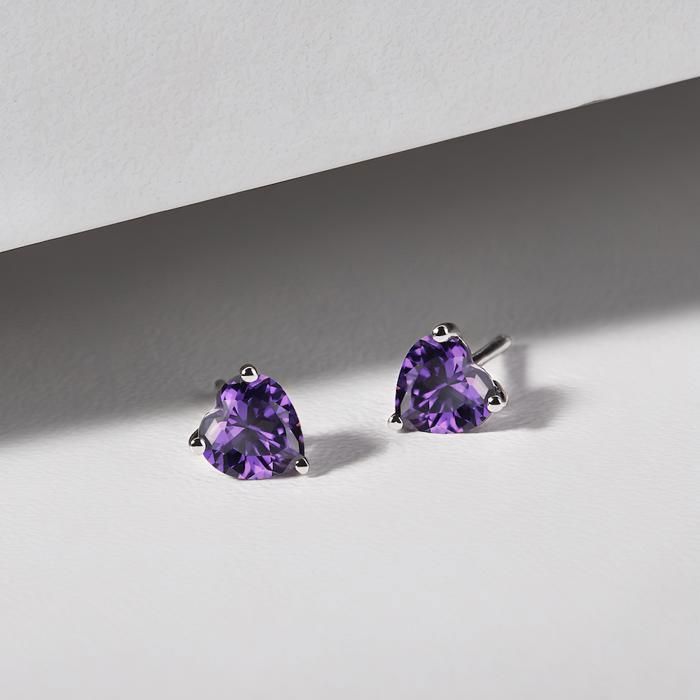 Boucles D'oreilles Puces Carré Améthyste CZ - Argent 925 - Fermoir Clous - Neuf Avec étiquettes