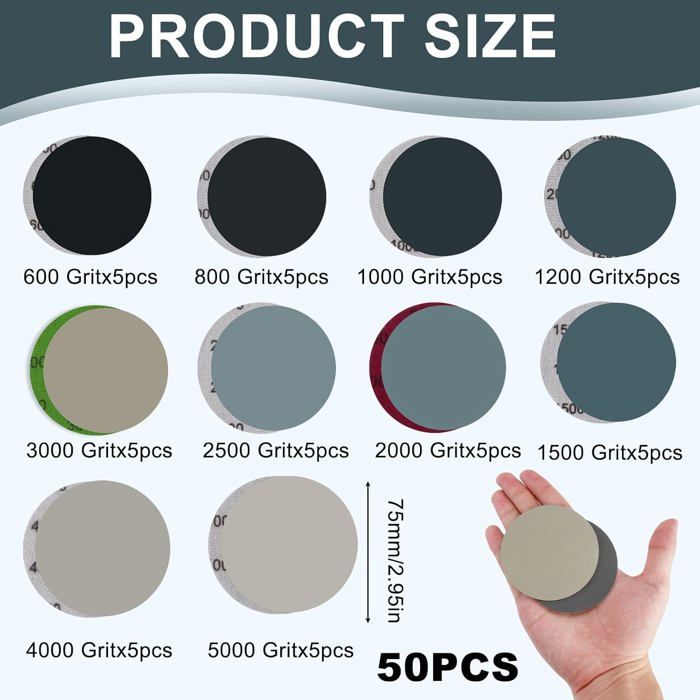 Lot 50 Disques De Ponçage 75mm - Grains 600 à 3000 - Carbure De Silicium