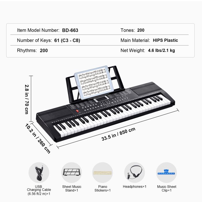 Piano Numérique 61 Touches Portable Enfants - Clavier Électronique Avec Micro, 16 Sons, 10 Rythmes - Débutants