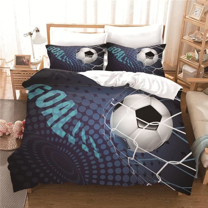 Parure De Lit Double Enfant Football - Housse Couette + Taie - Gris Et Doré