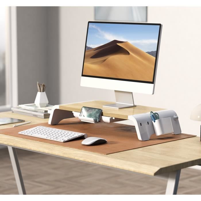 Relaxdays Support de moniteur, Rehausseur de PC en bambou et fer, moniteur  ou PC, organiseur de table ergonomique, blanc