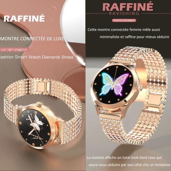 Montre Connectee Femme Ronde Bracelet Diamante Strass Scintillant Alliage Autonomie 10 Jours Smartwatch Sport Etanche IP68 Rose