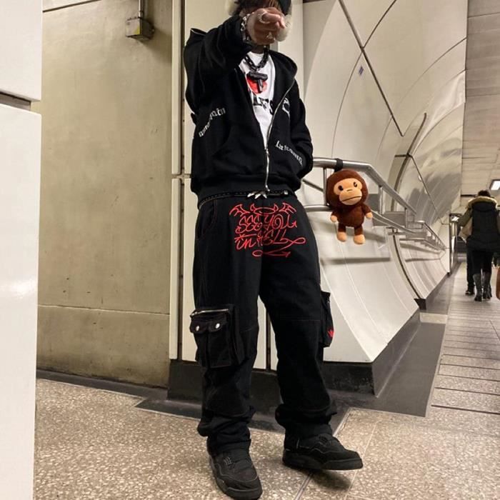 Jeans Baggy Homme, Jeans Y2K Hommes,Costumes De Rue Hip Hop Imprimés Hommes  Réglables des Années 90,Streetwear Décontracté Unisexe Noir Rouge -  Cdiscount Prêt-à-Porter