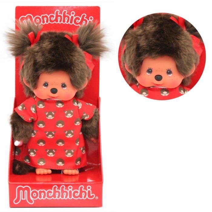 Sekiguchi – Monchhichi Fille Originale – Robe à Bretelles Motif Chat – Peluche 20 Cm – Tétine à La Main – Marron