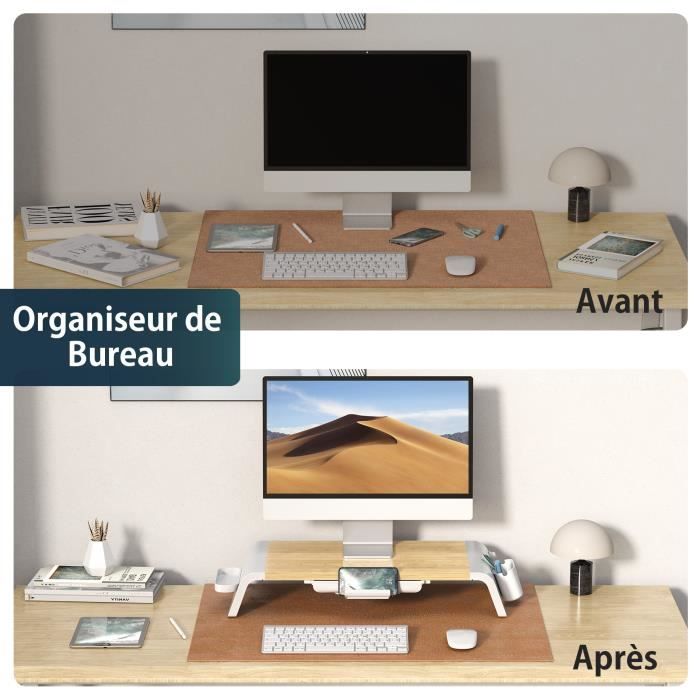 Réhausseur De Bureau En Bois Massif Fenge - Support Pour 2 écrans, PC, Imprimante - 45 Kg De Charge, Liège Naturel, Couleur Chêne (108x23.5x11.6 Cm)
