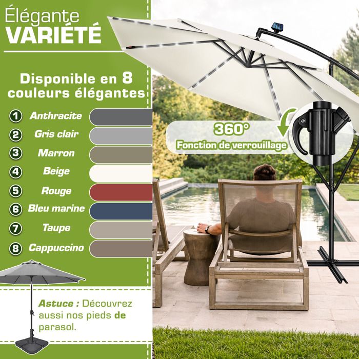 Tillvex Parasol Déporté Hexagonal 3M LED Solaire - Aluminium - Manivelle - Protection UV 50+