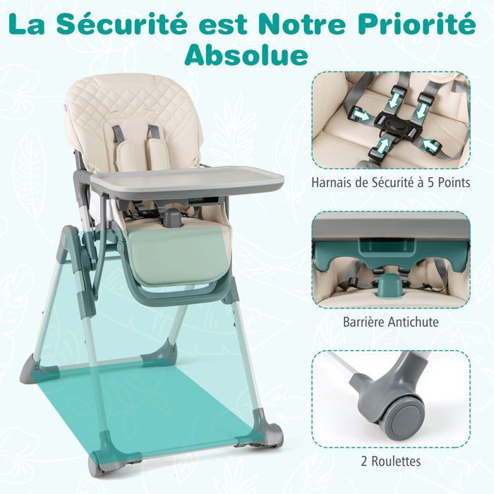 Chaise Haute Bébé 6-36 Mois DREAMADE - Pliable Avec Hauteur Et Plateaux Réglables - Gris