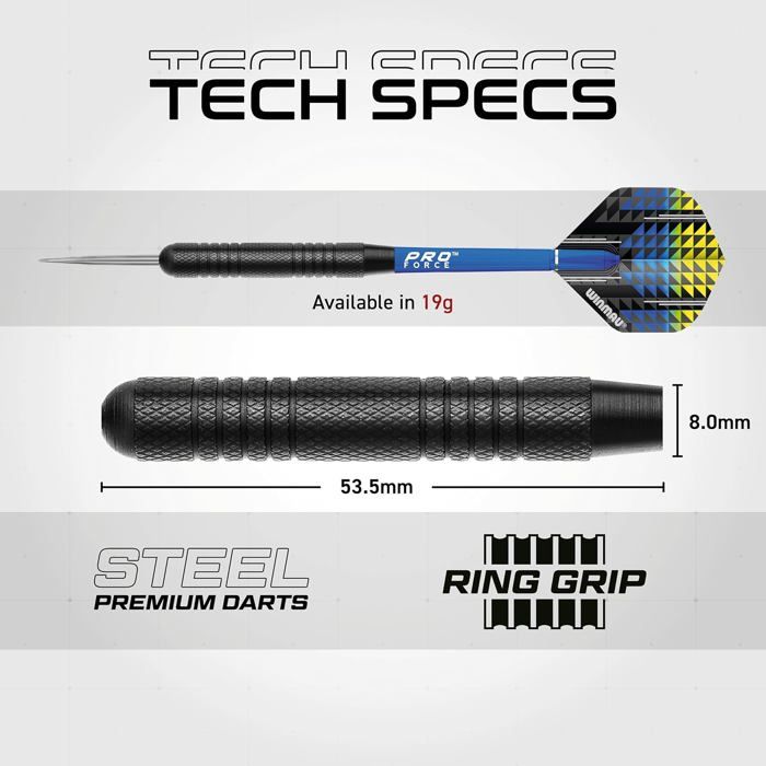 WINMAU Darts Cadet Twinset – Acier Premium 19 G, 2 Jeux Complets, Flights Prism 100µ, Tiges Pro Force, Fiche De Score Incluse