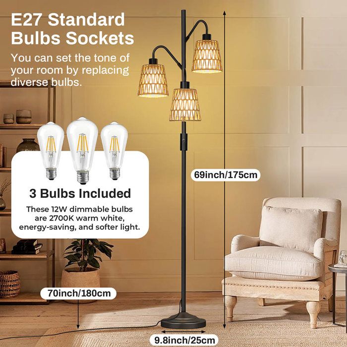 Lampadaire 3 Lumières Rotin - Variateur Intensité - Style Boho 165cm