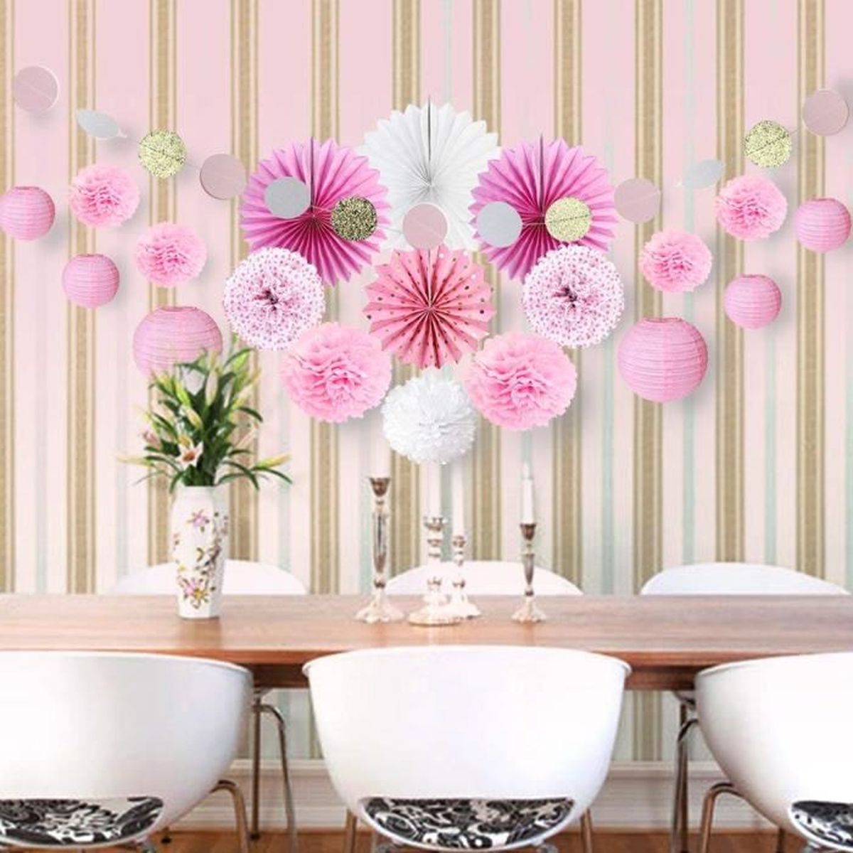 20pcs Salon Chambre Rose Blanc Decoration Papier De Soie Pompon