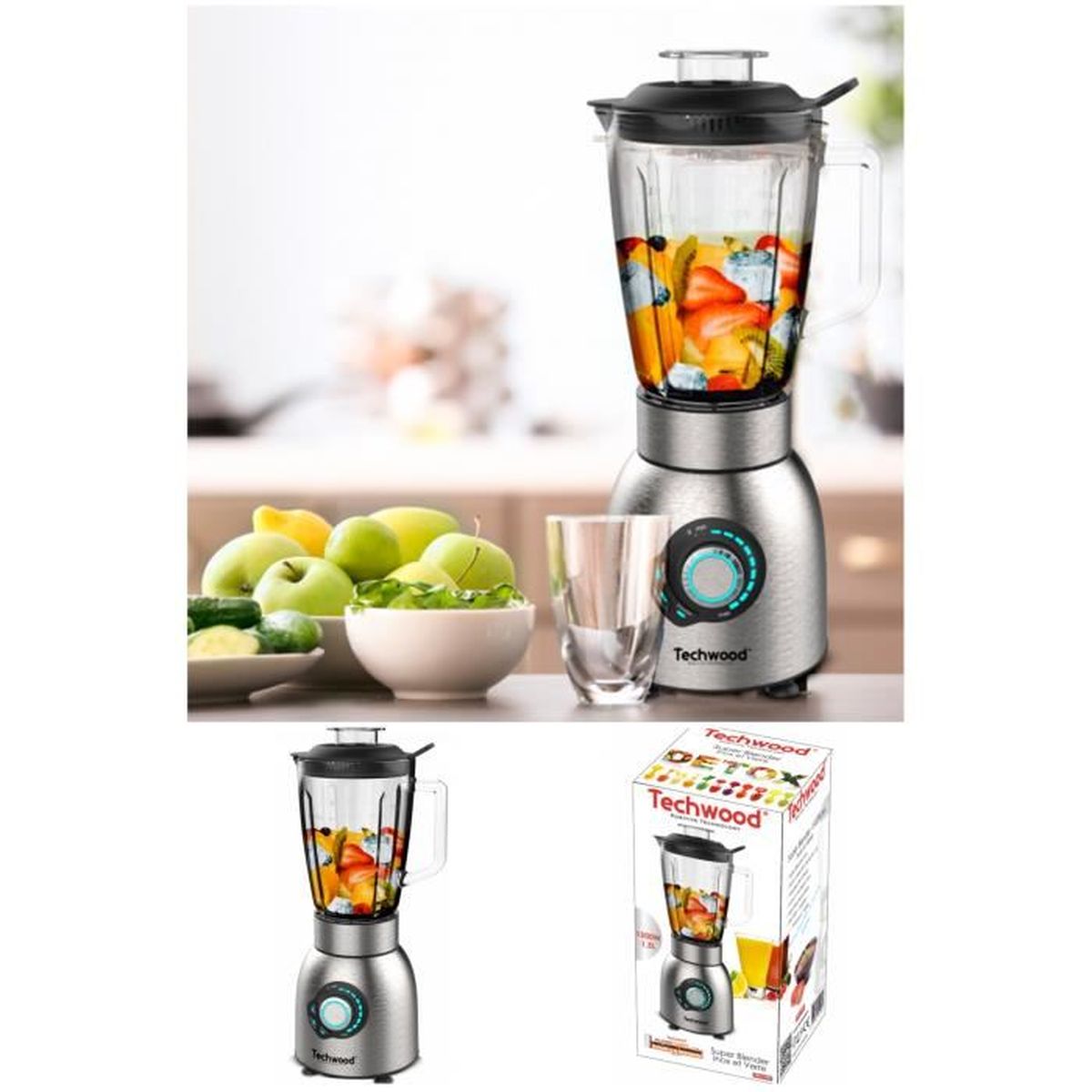 Blender INOX 1500W Gris 1.5L 2 Vitesses Led bleu + Impulsions en acier