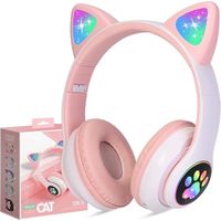 Casque pour Enfants - Casque d'oreille de Chat Pliable Bluetooth LED Clignotante Allumer sans Fil Casque d'écoute avec Micro (Rose)