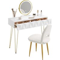EUGAD Coiffeuse avec Chaise en Velours, Table de Maquillage avec Miroir LED Réglable à 3 Niveaux, Blanc+Doré E0EG0033