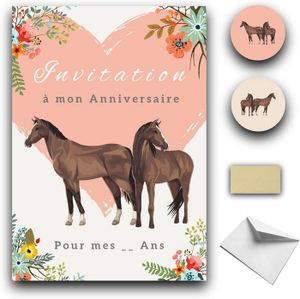 Junapack Lot De 12 Cartes D'invitation Pour 8e Anniversaire D'enfant Motif Cheval Avec 12 Enveloppes Et 12 Sachets Naturel