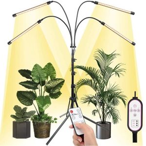 Eclairage horticole Lampe LED pour plantes avec support, 4 têtes - Spectre complet - Télécommande RF et minuterie contrôlée par ligne 4-8-12H - 15,7-260