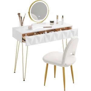 COIFFEUSE EUGAD Coiffeuse avec Chaise en Velours, Table de Maquillage avec Miroir LED Réglable à 3 Niveaux, Blanc+Doré E0EG0033