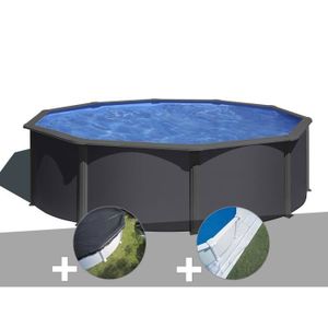PISCINE Kit piscine acier gris anthracite Gré Louko ronde 4,80 x 1,22 m + Bâche d'hivernage + Tapis de sol 480,00 x 122,00 Anthracite