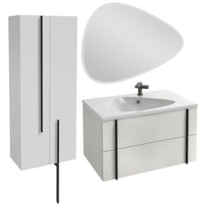 MEUBLE VASQUE - PLAN Meuble lavabo simple vasque 80 cm JACOB DELAFON Nouvelle Vague blanc brillant + colonne de salle de bain 2 portes + miroir