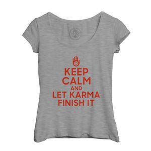 T-SHIRT T-shirt Femme Col Echancré Gris Keep Calm and Let Karma Finish It Inde Yoga Meditation