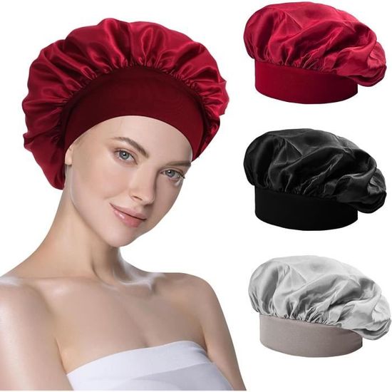 Lot de 3 bonnets en satin, bonnets de nuit avec large bande élastique,  enveloppement de cheveux en soie pour dormir, couverture de tête de sommeil