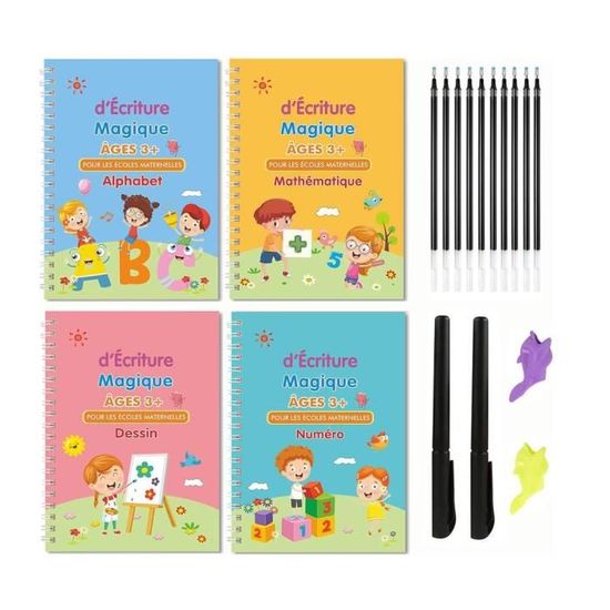 Cahiers D’Exercices Magiques Réutilisables – 4 Livres Écriture Calligraphie Enfant + Stylos Gel + Porte-Stylo
