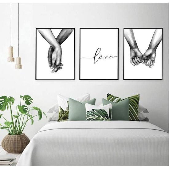 Set De 3 Affiches Noir Et Blanc « Tenir Par La Main » - Déco Murale Amour, Chambre, Salon - Toile Imperméable, Sans Cadre