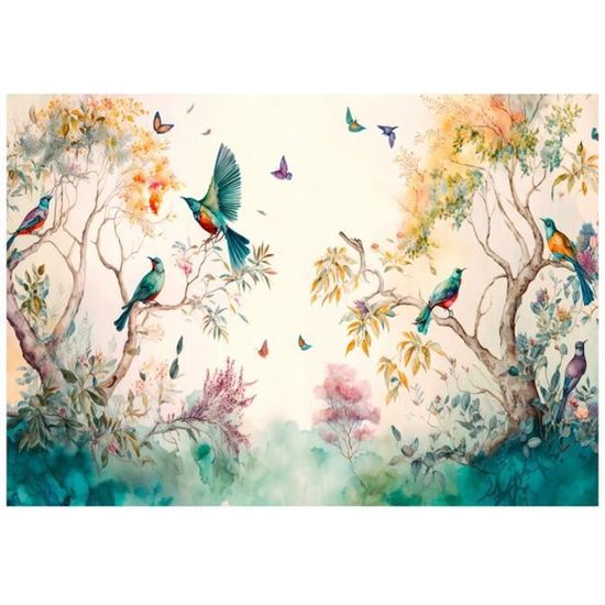 Coupon De Tissu Coton Fin - Motif Oiseaux Et Fleurs Rouge Sur Fond Blanc